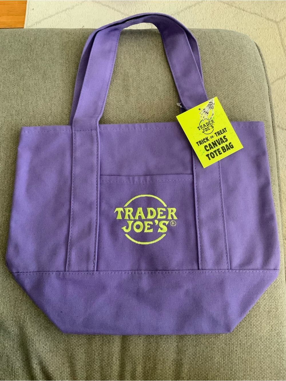 Trader Joe’s Purple Trick or Treat Canvas Tote Bag with Front Pocket